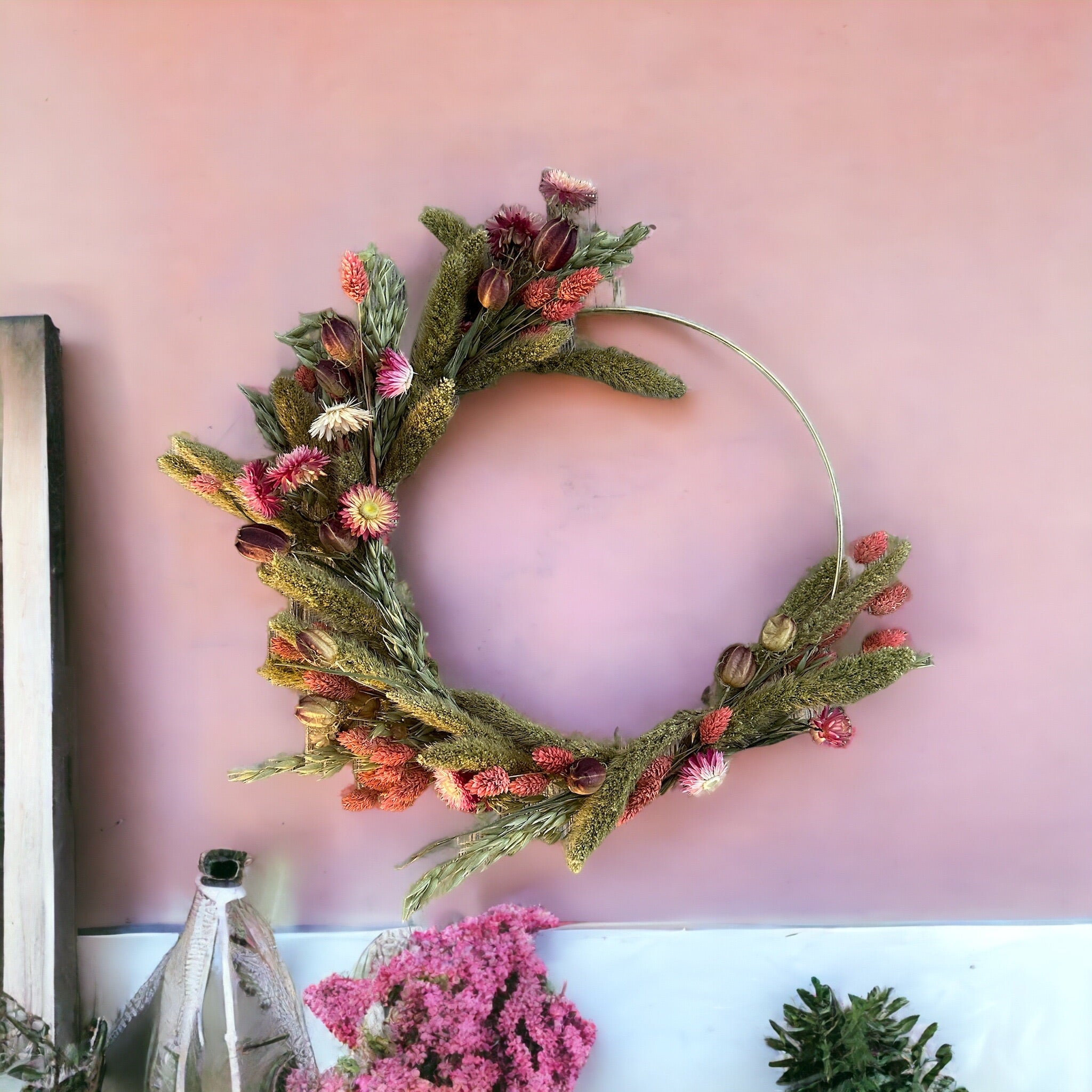DIY pink and green dried floral wreath kit