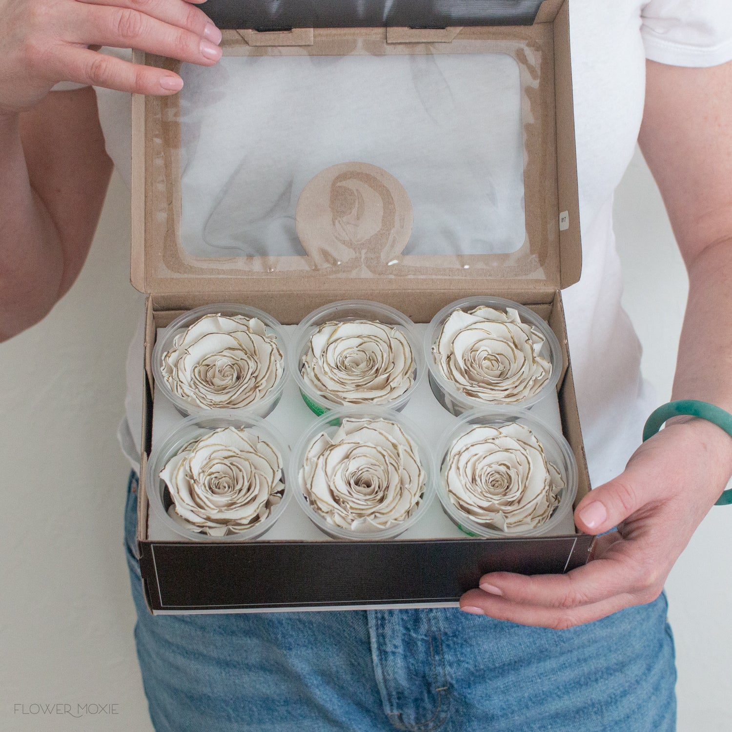 white and gold preserved flowers