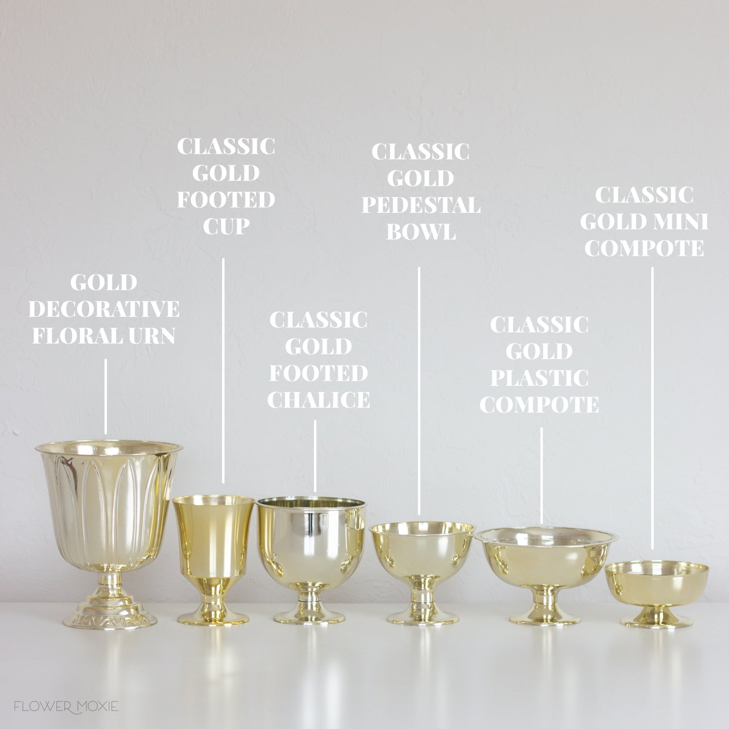 classic gold plastic vases labeled